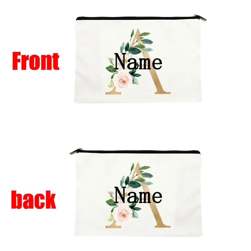 pochette en toile personnalisée avec initiales florales dorées, trousse de toilette légère personnalisée avec monogramme pour femmes, idéale pour les voyages quotidiens.