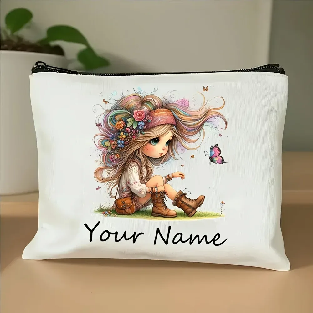 pochette de maquillage personnalisable avec motif fille mignon, sac de rangement portable à fermeture éclair pour cosmétiques, cadeau pour femme ou amie, idéal pour le memorial day