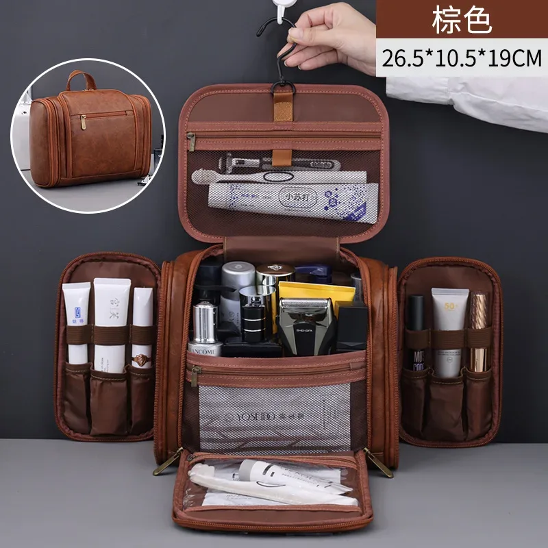 trousse de maquillage en cuir pu de grande capacité, organisateur de cosmétiques de voyage, pochette de toilette multifonctionnelle, mallette de rangement étanche pour unisexe