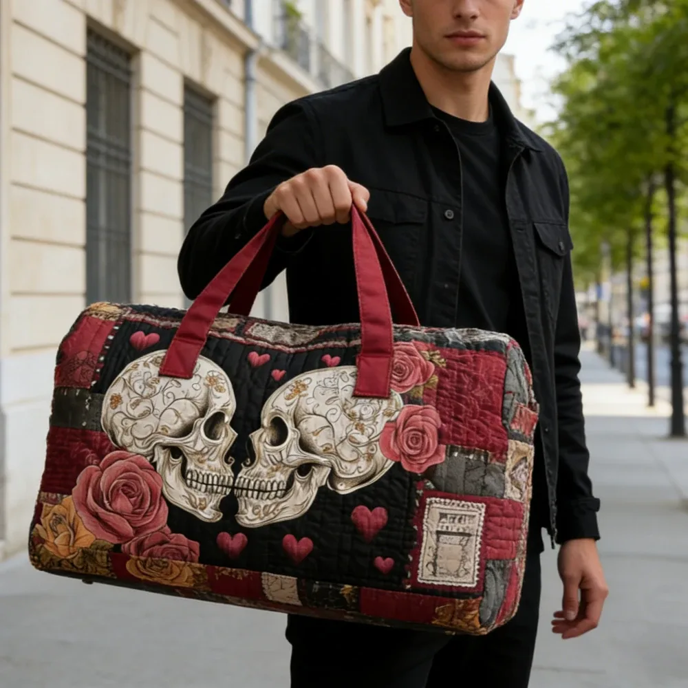 sac de voyage matelassé 3d vintage gothique imprimé crâne et rose, sac de week-end, bagage cabine, sac à main y2k style motard chic, sacs de vacances uniques