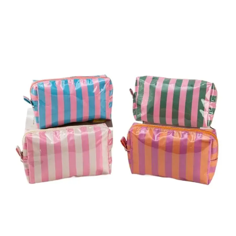 sac à cosmétiques rayé en pvc, trousse de maquillage avec fermeture éclair, trousse de toilette de voyage étanche, étui pour pinceaux de maquillage, 1 pièce