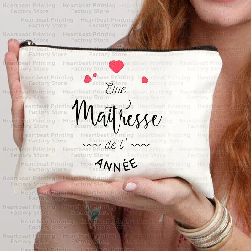 sac à cosmétiques de voyage imprimé français merci maîtresse, sac à rouge à lèvres, trousse à crayons, pochette pour femmes, cadeau de rentrée scolaire