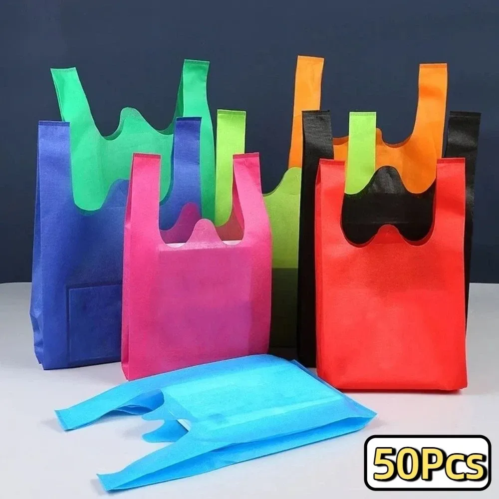 Sac de courses Non tissé de couleur unie, 50 pièces, sac à main Portable de grande capacité écologique, sac de rangement pratique et Durable pour jouets