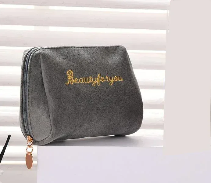 trousse de maquillage en velours avec fermeture éclair pour femme, trousses de toilette, broderie de lettres, poudres cosmétiques, monochromatique, femme