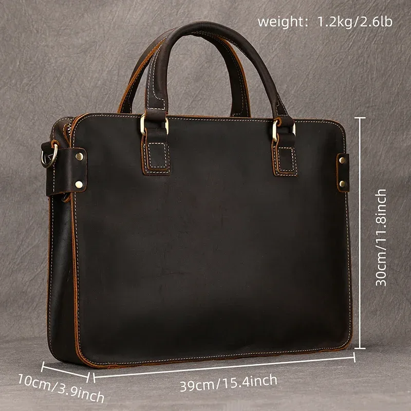 Sac à main d'affaires en cuir véritable pour hommes, sac d'ordinateur pour ordinateur portable, cuir de vachette, sac lancé masculin, sac fourre-tout en cuir de vache, 15 pouces