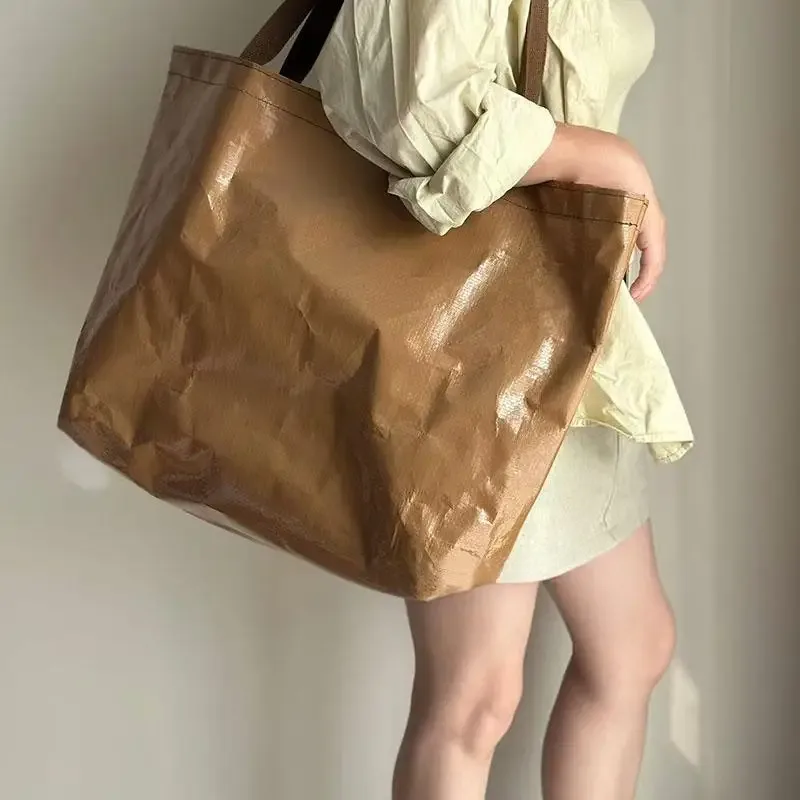 sac de courses étanche réutilisable, fourre-tout tissé pliable marron pour épicerie plage voyage organisateur de rangement sac à bandoulière léger