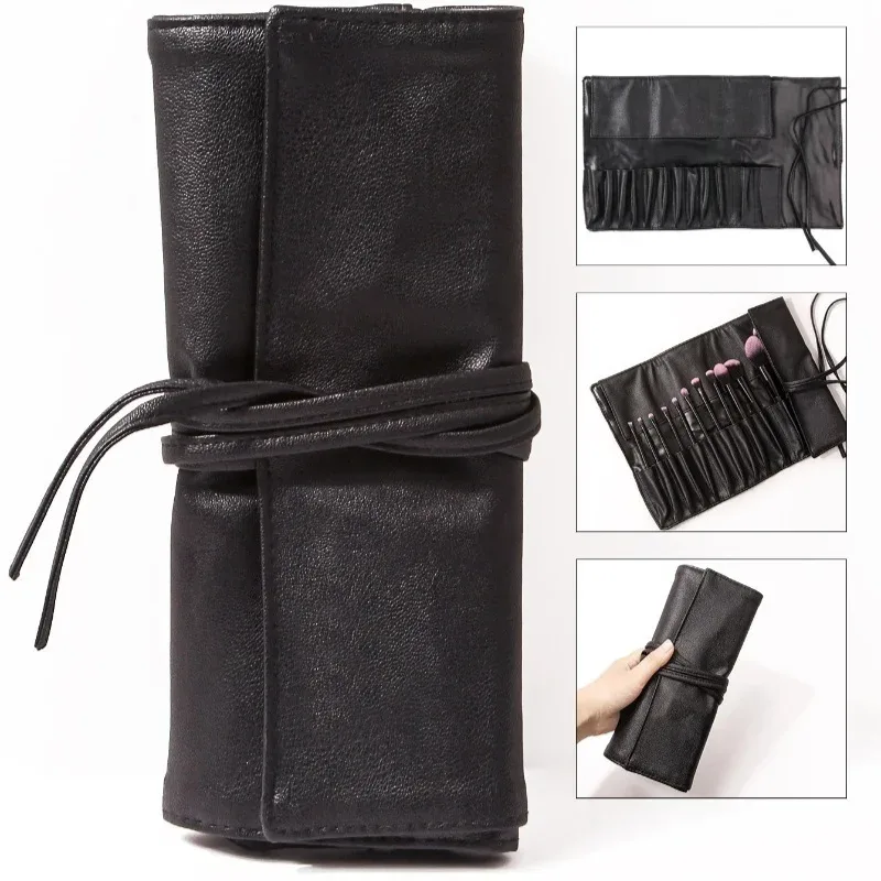 étui pliable en pu noir pour pinceaux de maquillage, 1 pièce, support de rangement, sac à cosmétiques, organisateur utile polyvalent, pochette pliante