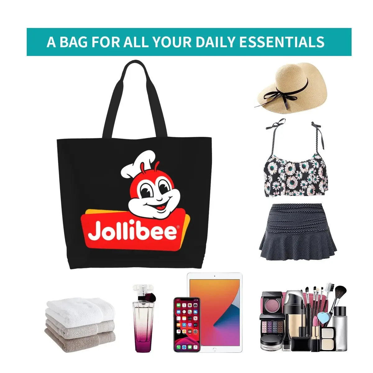 sac fourre-tout jollibee face shopping en toile, grande capacité, sac à bandoulière, sac de courses pour femmes