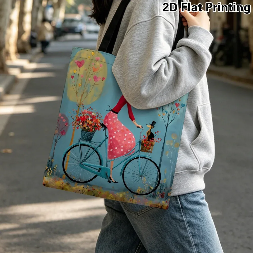 Sac fourre-tout élégant pour femme, motif cycliste, réutilisable et pliable, idéal pour les courses, les voyages, la plage, les trajets quotidiens et le shopping, pour usage quotidien féminin.