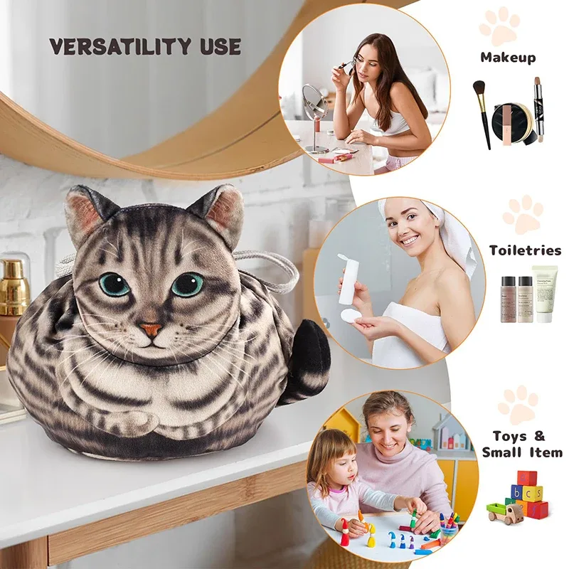 trousse de maquillage chat mignon, fermeture à cordon, conception tête de chat 3d, pochette cosmétique plate, cadeau pour femmes amoureux des chats, sac organisateur de voyage