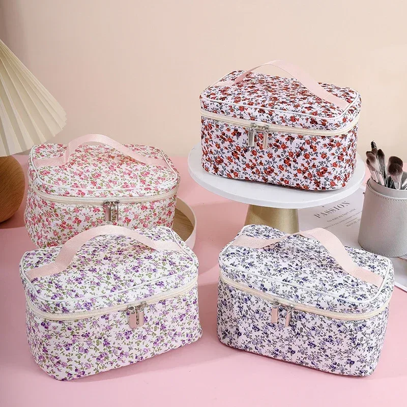 sacs de maquillage en coton pour femmes, trousse à cosmétiques vintage, fourre-tout de grande capacité, sac à main de rangement de cosmétiques portable, sac de rangement de voyage