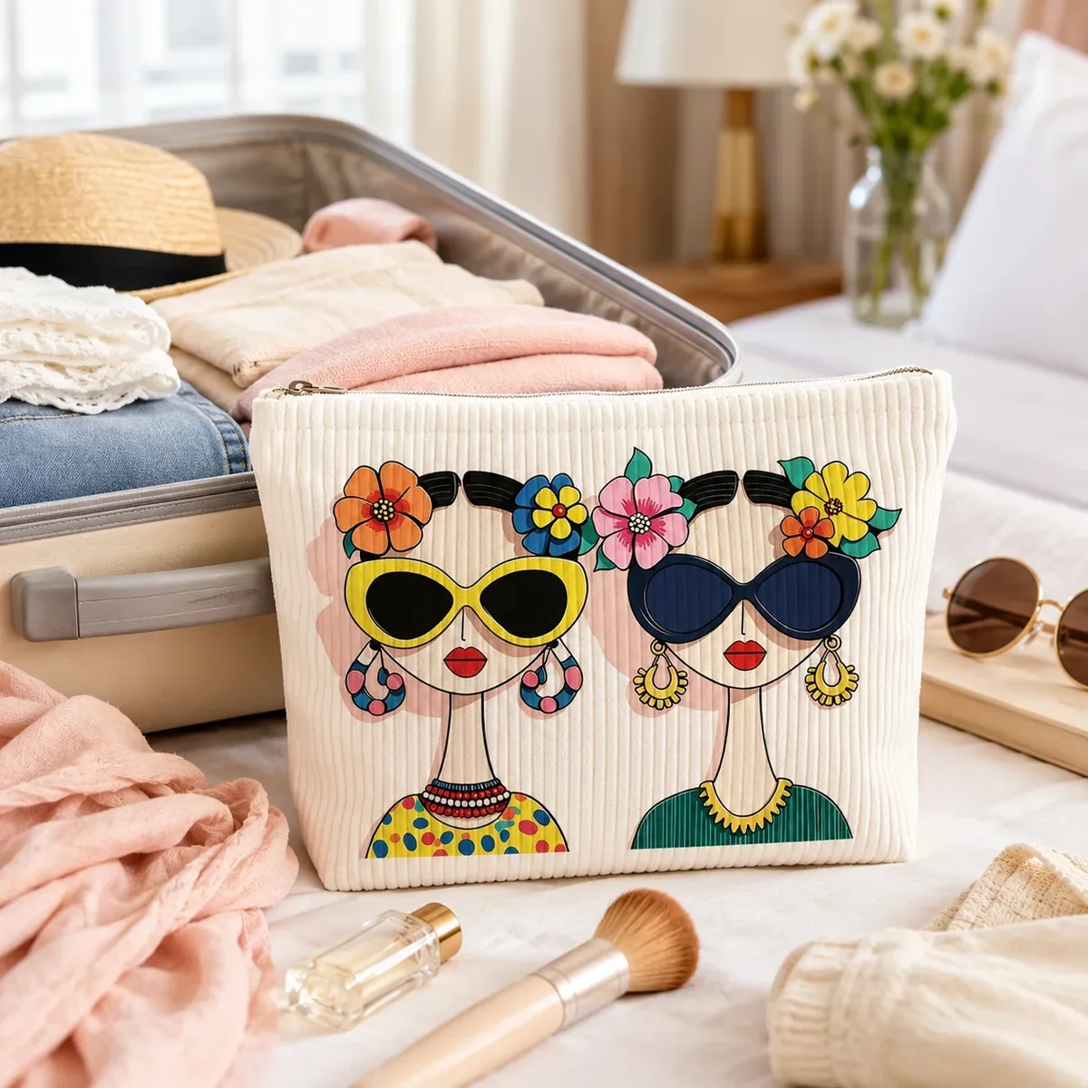 Sac cosmétique en velours côtelé imprimé pour femmes, grande trousse à maquillage à fermeture éclair pour les voyages, les articles de toilette, le rangement de produits de beauté et l'usage quotidien