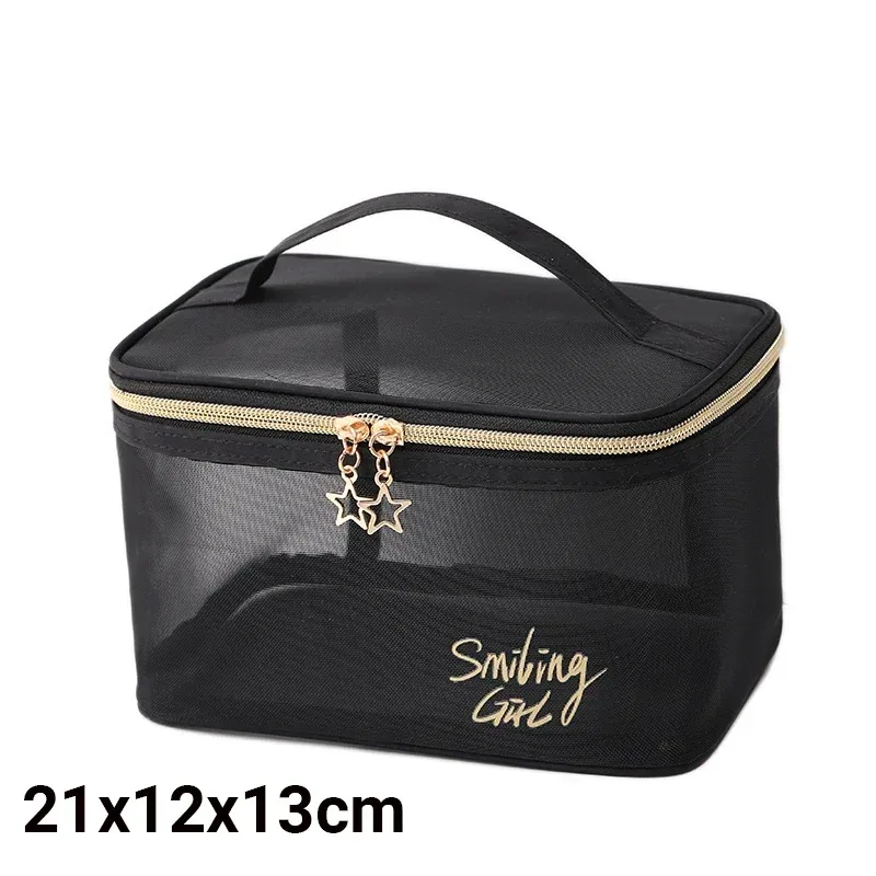 trousse de maquillage en maille noire de grande capacité pour femme, trousse de toilette décontractée à fermeture éclair, sac à cosmétiques de voyage