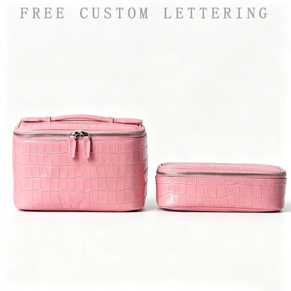 Sac à cosmétiques en cuir de vachette rose à motif crocodile, sac de toilette de luxe de grande capacité, en cuir véritable, pour voyage, rangement portable, trousse de toilette