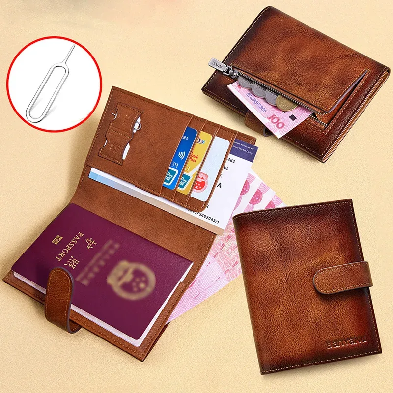 porte-passeport en cuir de vache véritable de première qualité pour hommes, portefeuille en cuir ultra-fin multifonction, organisateur portable de billets et de cartes de voyage