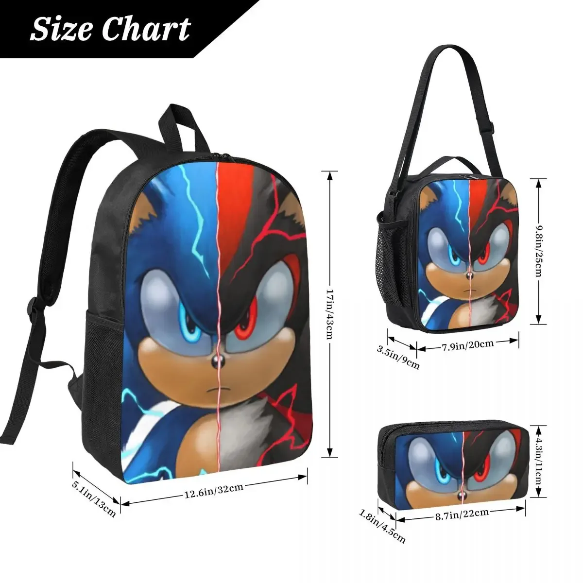 Sac à dos Sonic Shadow pour garçons et filles, sac d'école, sacs à bandoulière pour ordinateur, sac à déjeuner isotherme 3ps, trousse à crayons