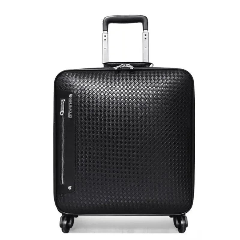 valise à roulettes en cuir véritable pour hommes, valise d'embarquement d'affaires, roue universelle, sac à bagages, motif tissé, 20 po, 16 po