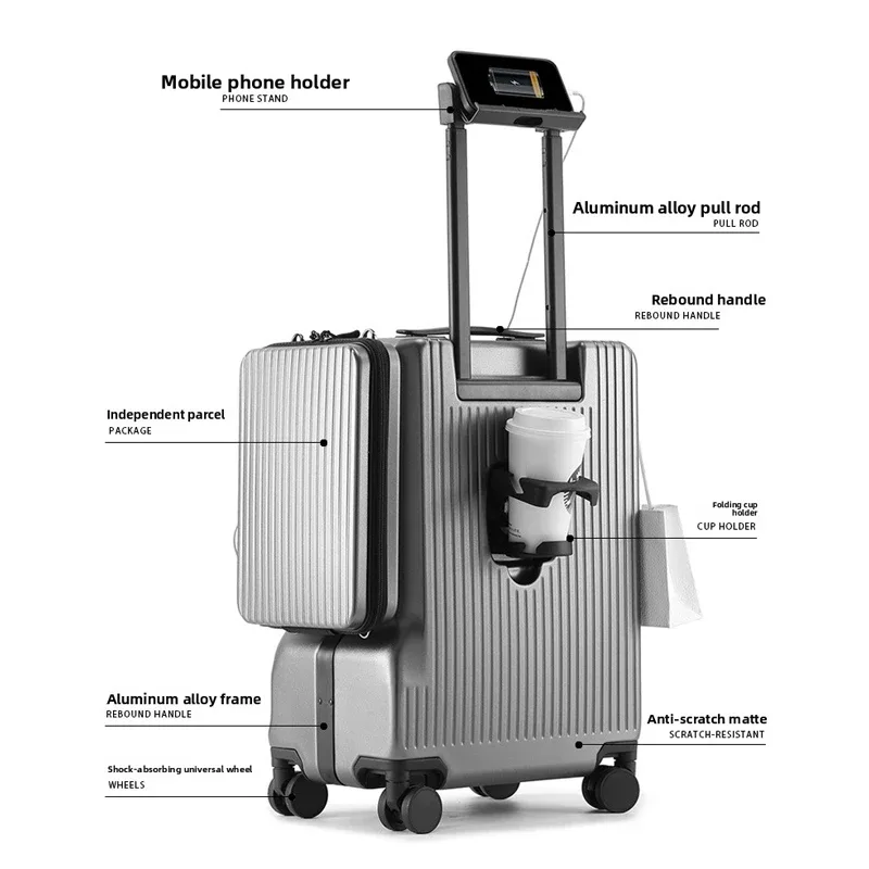 valise de voyage multifonctionnelle à ouverture frontale en aluminium, 20 pouces, pour affaires, avec roulettes, bagage cabine