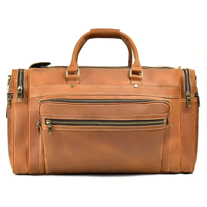 exlarge – sac de week-end en cuir véritable de 22 pouces pour homme, sacoche de voyage vintage en cuir de vache avec fermeture éclair, fourre-tout