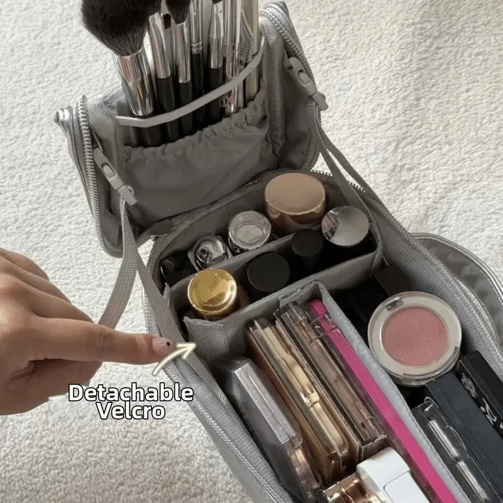 sac de maquillage en cuir pu argenté multifonctionnel grande capacité pochette de rangement cosmétique avec poignée amovible