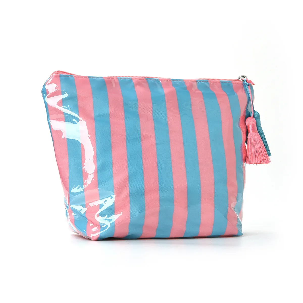 grande trousse de maquillage mignonne à grande capacité avec fermeture éclair - grande trousse de toilette de voyage rayée pour femmes, sac de rangement pour cosmétiques et articles de toilette