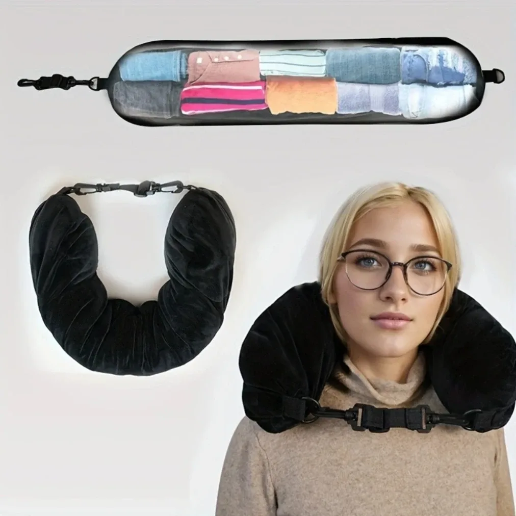 oreiller de voyage avec pochette de rangement, support de cou réglable en polyester, confortable et léger