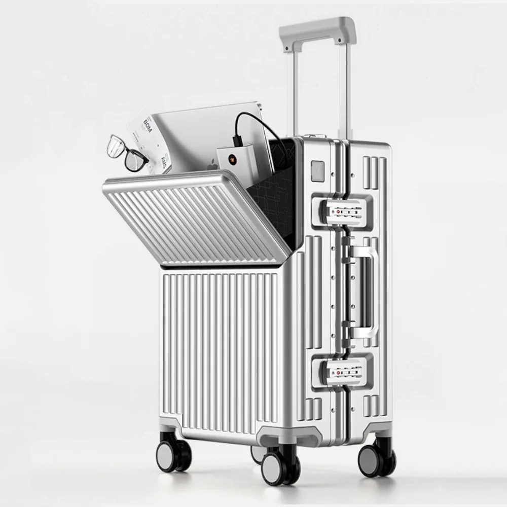valise à ouverture frontale en matériau pc avec cadre en aluminium, serrure tsa, porte-gobelet, port de charge, bagage à roulettes de voyage 20/24/28/30 pouces