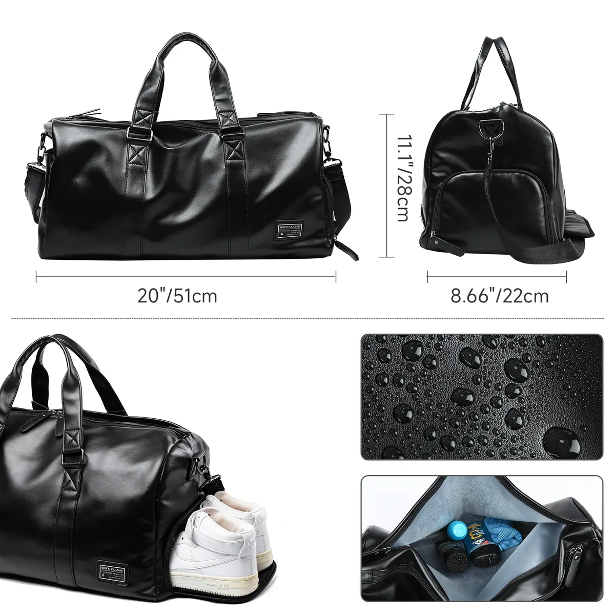 mate elan sac polochon de voyage en cuir pour hommes, sac étanche vintage avec pochette à chaussures, sac fourre-tout de week-end pour sports de nuit