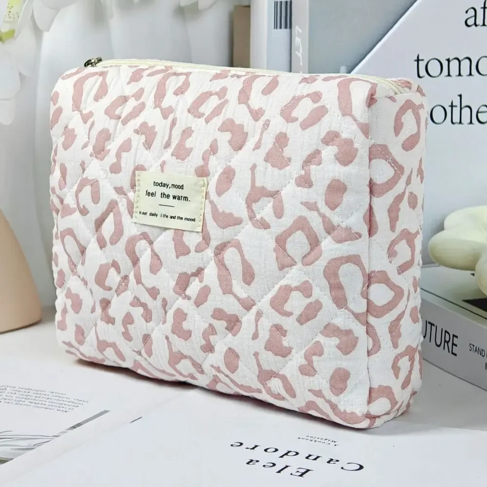 Trousse de Maquillage Matelassée en Coton Grande Capacité avec Fermeture Éclair, Organisateur Cosmétique Imprimé Léopard, Sac de Toilette Portable