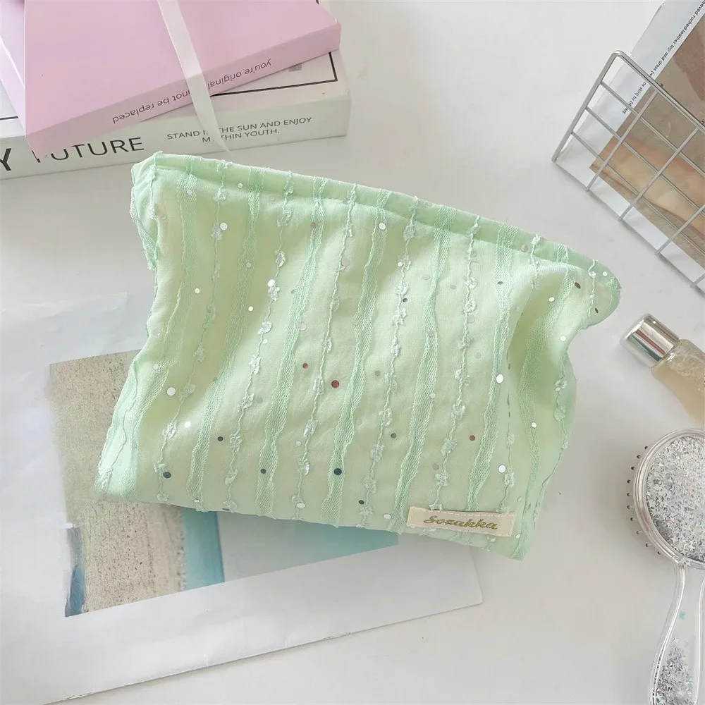 sac à cosmétiques à paillettes rayées en dentelle, trousse de toilette de voyage portable, organisateur de cosmétiques de lavage, sac de rangement de maquillage