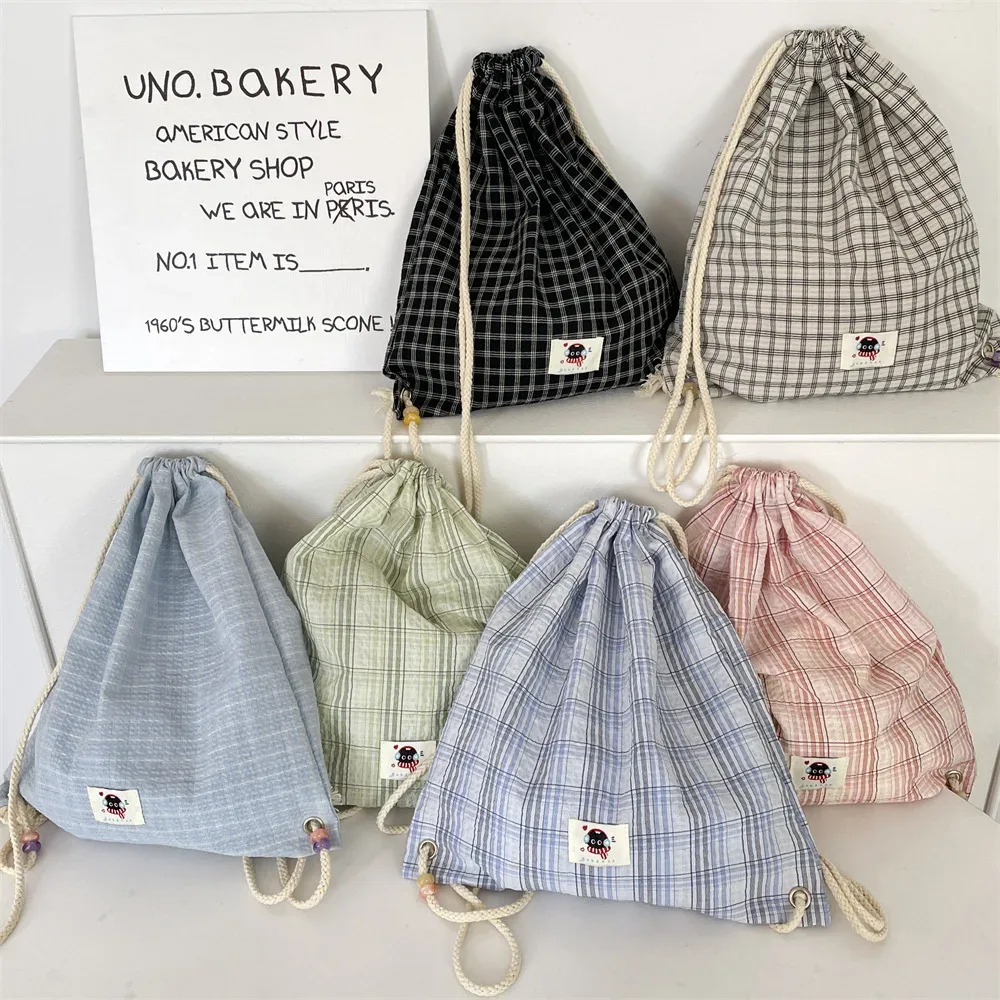 Sac à dos d'été pour femmes, sac à dos à deux épaules avec cordon de serrage, sac à dos Kawaii pour adolescentes, sac à dos coréen en toile Ultra légère à carreaux