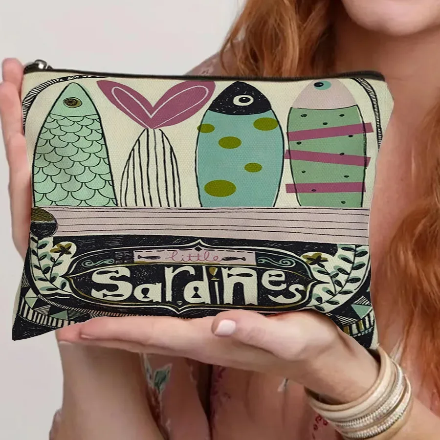 sac à cosmétiques vintage à motif de sardine, 1 pièce, organisateur de maquillage de voyage pour articles de toilette et pinceaux, design portable unisexe pour voyage