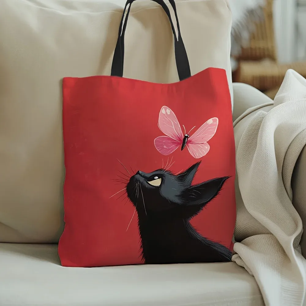 sac fourre-tout en toile chaton et papillon, 1 pièce, en polyester durable, forme rectangulaire, parfait pour le shopping et l'utilisation quotidienne