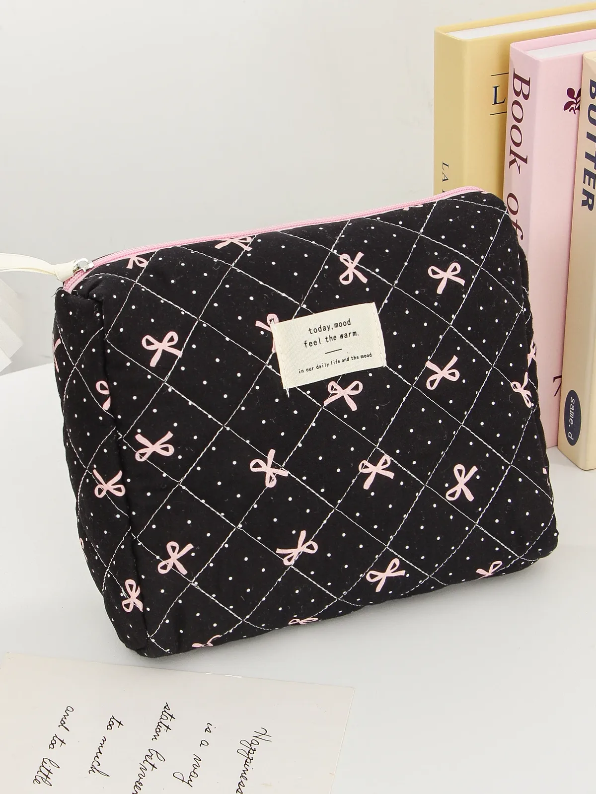1 pièce/ensemble sac de maquillage matelassé à nœud, trousse de maquillage portable multifonctionnelle, trousse de maquillage cadeau de vacances, trousse de maquillage essentielle de voyage