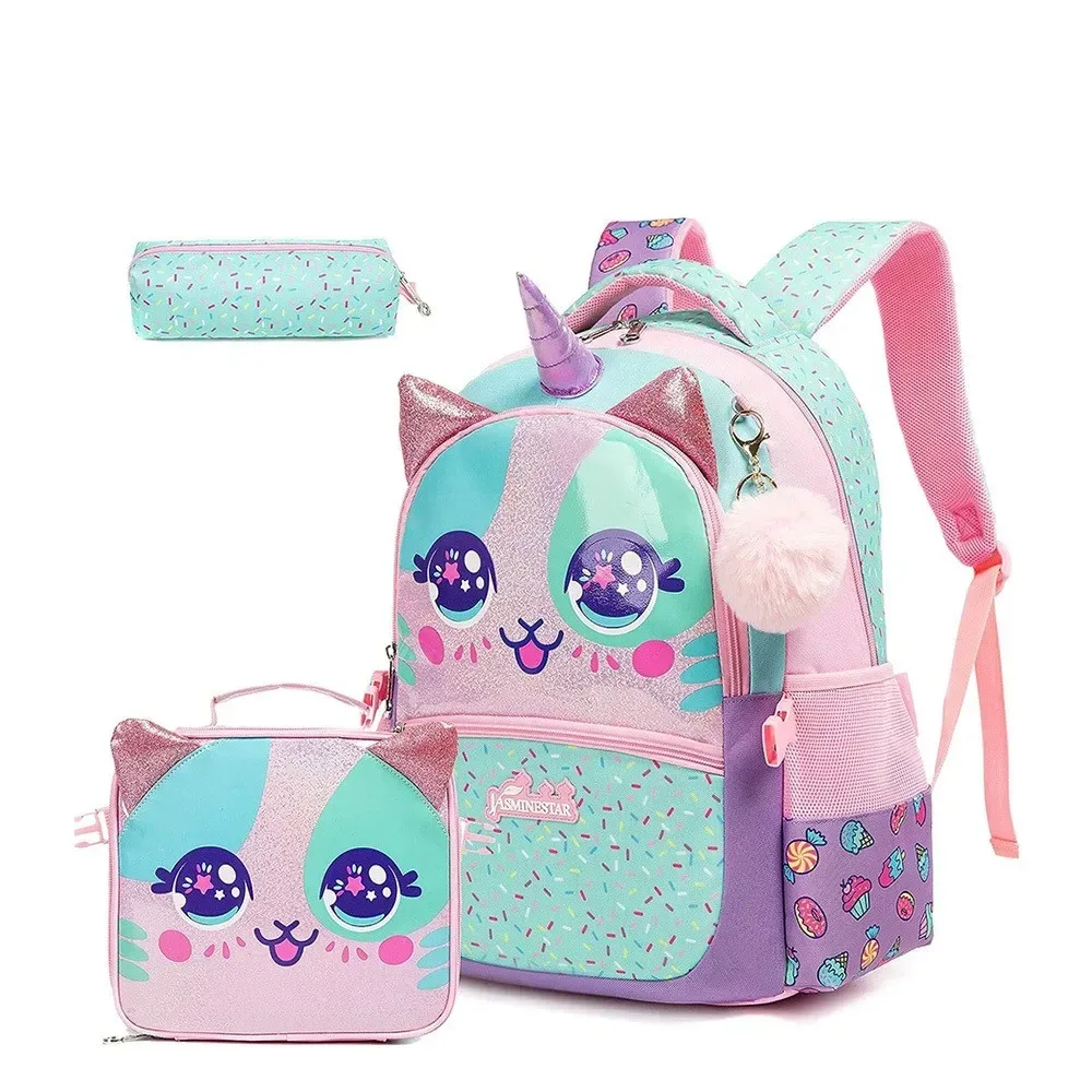 lot de 3 sacs à dos pour filles, sac d'école mignon avec boîte à lunch et trousse à crayons, sacs à dos pour enfants du primaire, sacs pour la rentrée scolaire