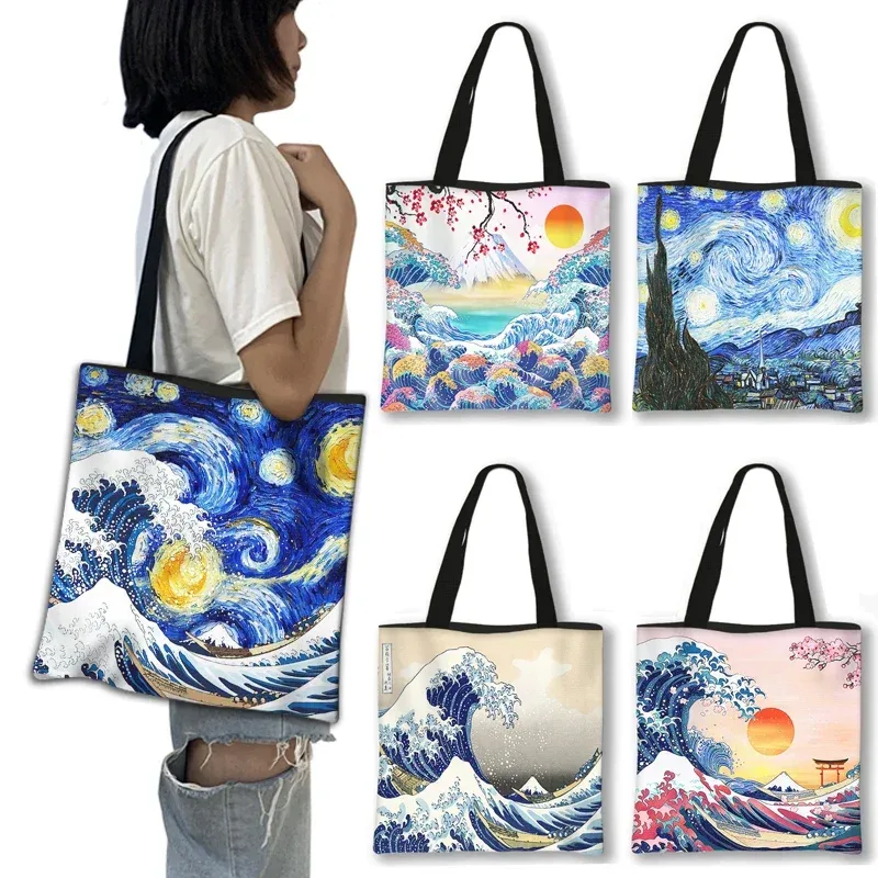 japon la grande vague de kanagawa sacs à provisions nuit étoilée femmes fourre-tout toile sacs à bandoulière p