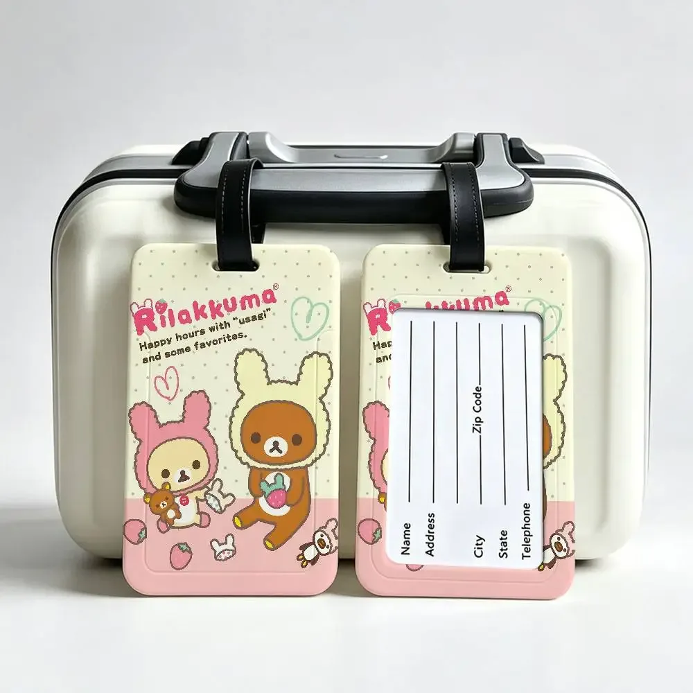 étiquette de bagage de voyage rilakkuma mignonne en dessin animé, étui en pvc pour carte d'information, marqueur de nom anti-perte pour sac à dos.