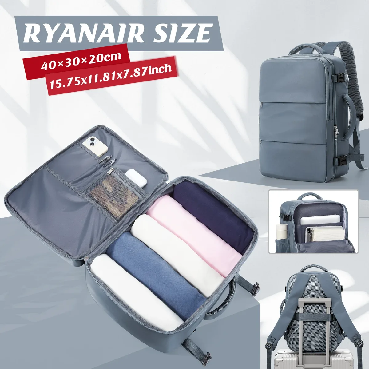ryanair sac de cabine d'avion 40x30x20 sac à dos de voyage, bagages à main sacs de voyage sac pour ordinateur portable d'affaires femmes hommes sac à dos sac de travail