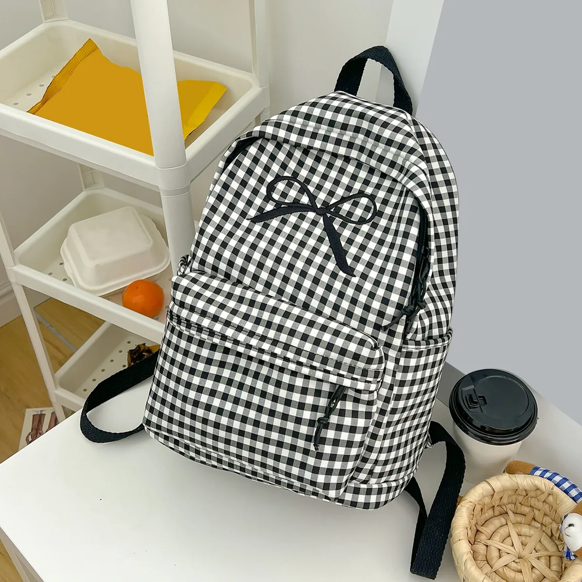sac à dos scolaire mignon pour étudiants, multi-poches, en nylon souple, style preppy, motif quadrillé, avec nœud, pour livres, trajets quotidiens et travail