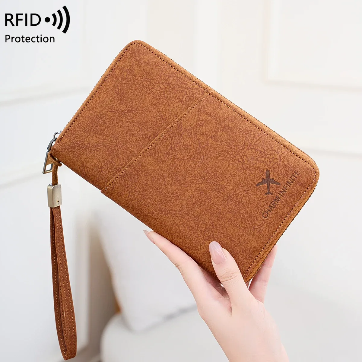 sac de passeport multifonctionnel bloquant rfid, porte-documents de voyage avec portefeuille de rangement de billets à longue fermeture éclair pour plusieurs passeports