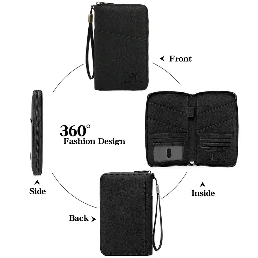 porte-passeport avec fermeture à glissière, protection rfid, étui de rangement pour documents de voyage multi-poches noir, portefeuille en simili cuir xjm, 1 pièce