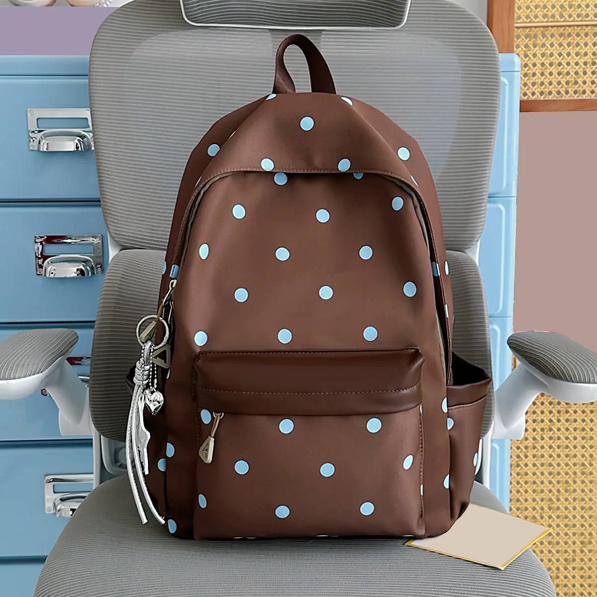 sac à dos esthétique à pois style preppy avec breloque étoile, sac à livres pour campus, sac à dos de voyage décontracté kawaii pour adolescentes et femmes