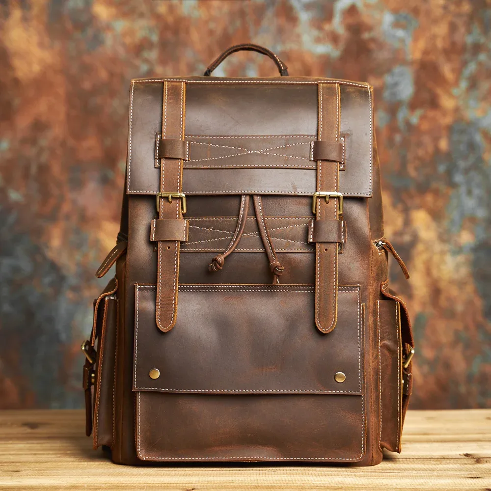 nasva-sac à dos rétro en cuir véritable pour homme, sac d'extérieur, sac à bagages, sac d'école, sac pour ordinateur portable, 15.6 pouces