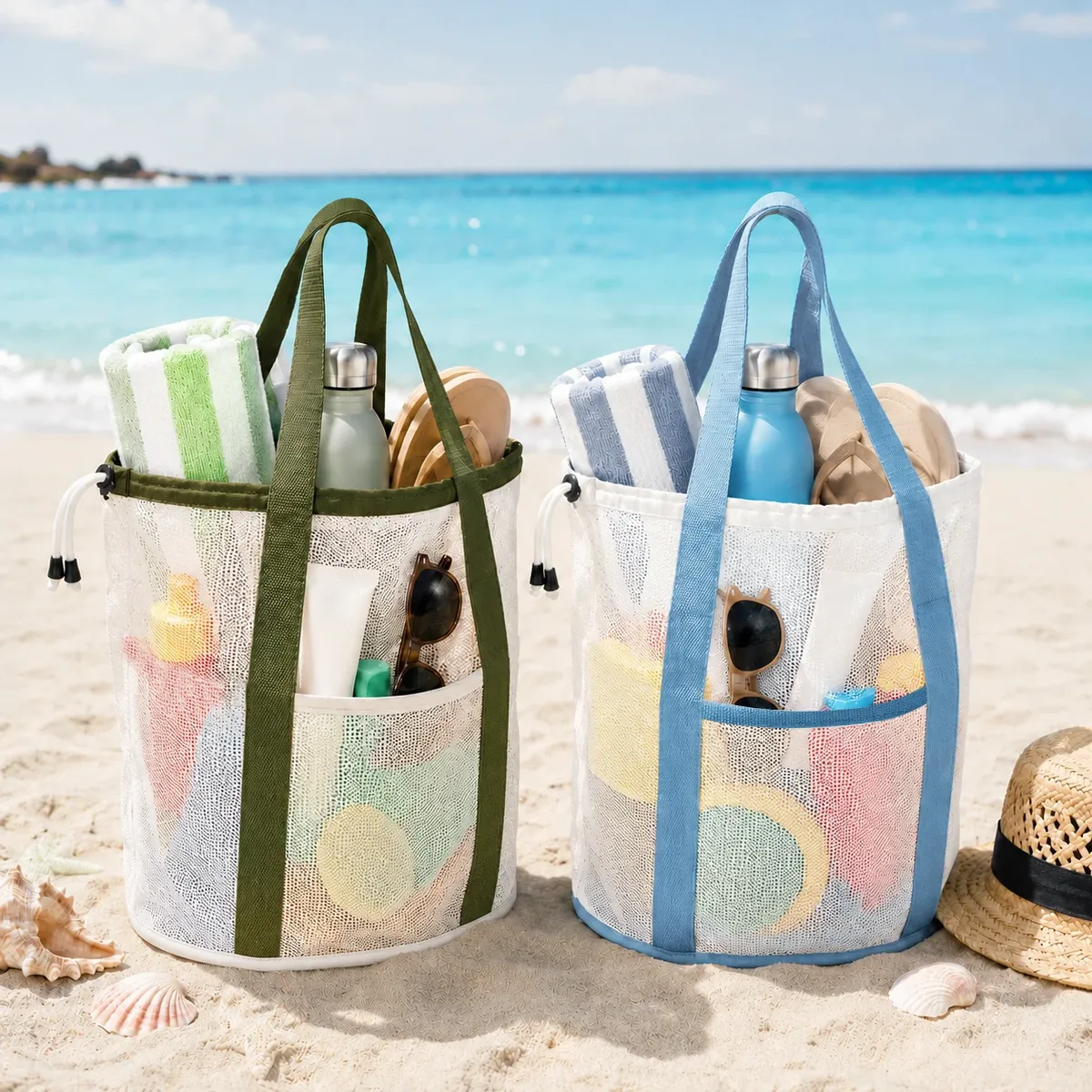 Sac de toilette, sac de plage en filet, sac de rangement en filet grande capacité pour la douche en été, sac de rangement portable en filet pour la douche