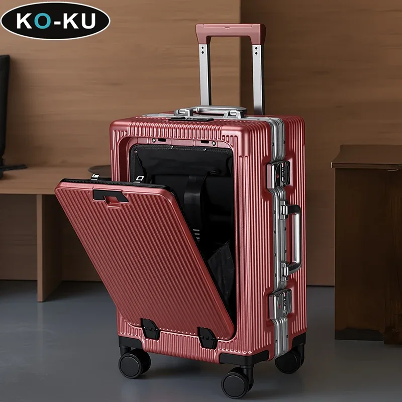 valise de voyage ko-ku nouvelle version avec ouverture frontale, compartiment pour ordinateur portable, cadre en aluminium 20-28, et porte-gobelet