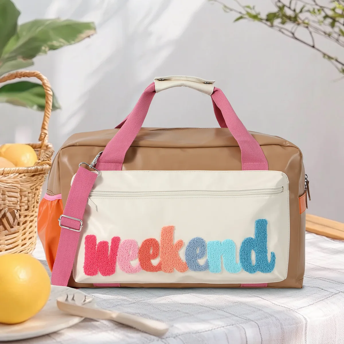 Chenille lettre sac de voyage grand Patchwork en cuir PU week-end sac de nuit pour les femmes sacs à main voyage fourre-tout vacances