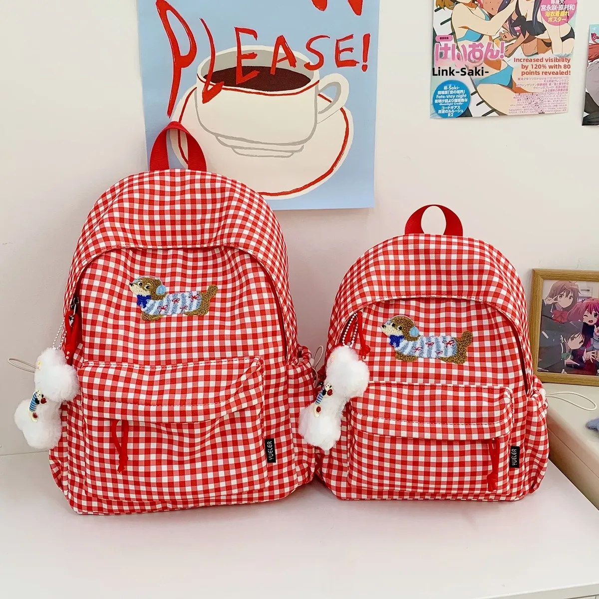 Sac à dos grande capacité pour femme, style universitaire, motif chien saucisse de dessin animé coréen, sac à livres polyvalent à carreaux, loisirs et voyage