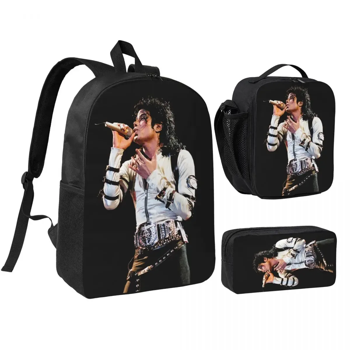 sac à dos michael jackson 3 pièces/ensemble pour étudiant, sac à dos de lycée, sac à lunch, trousse à crayons, ensemble de trois pièces imprimées.