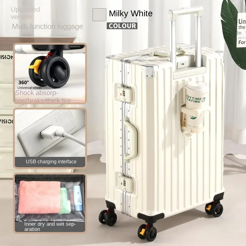 valise de voyage multifonction avec frein à roue, chargement usb, cadre en aluminium, pour hommes et femmes, bagage cabine