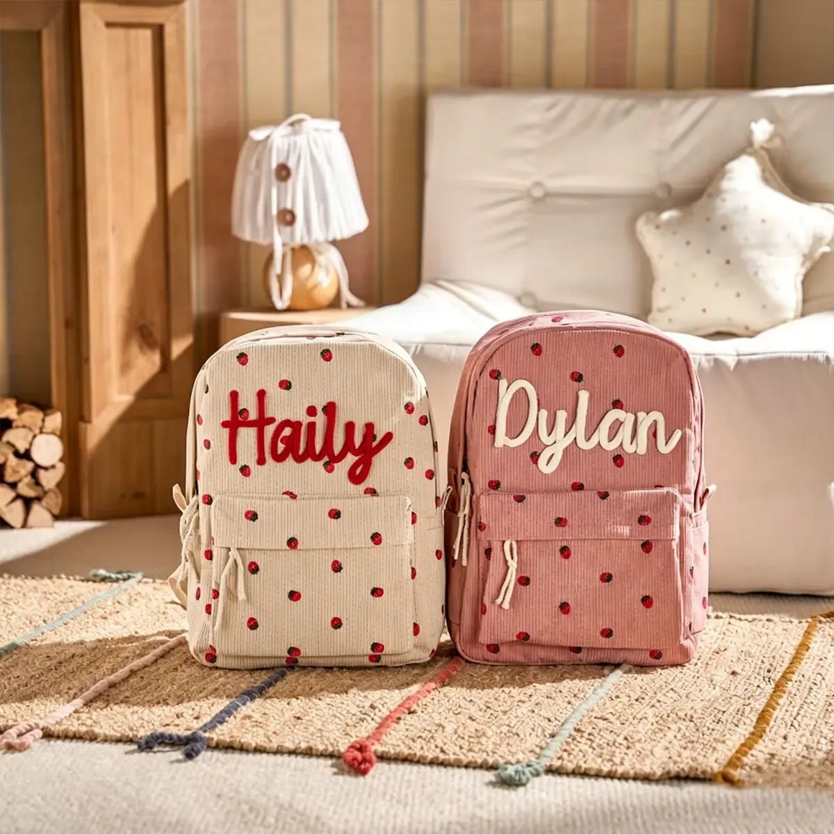sac à dos personnalisé en velours côtelé, motif fraise/à carreaux, simple et spacieux, cadeau parfait pour la rentrée scolaire